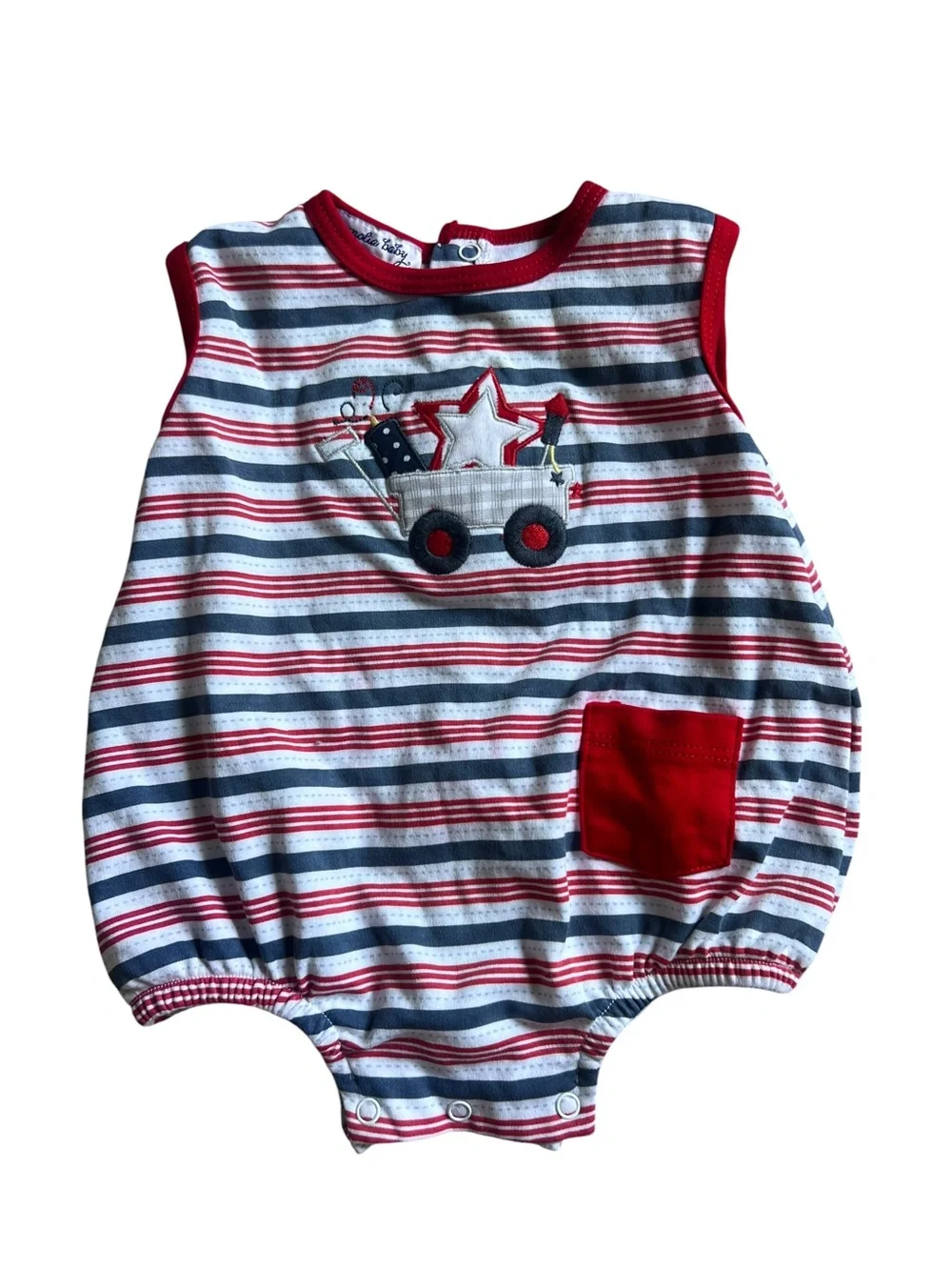 Magnolia Striped Baby Romper in Red, Navy and White with Star Wagon Detail
